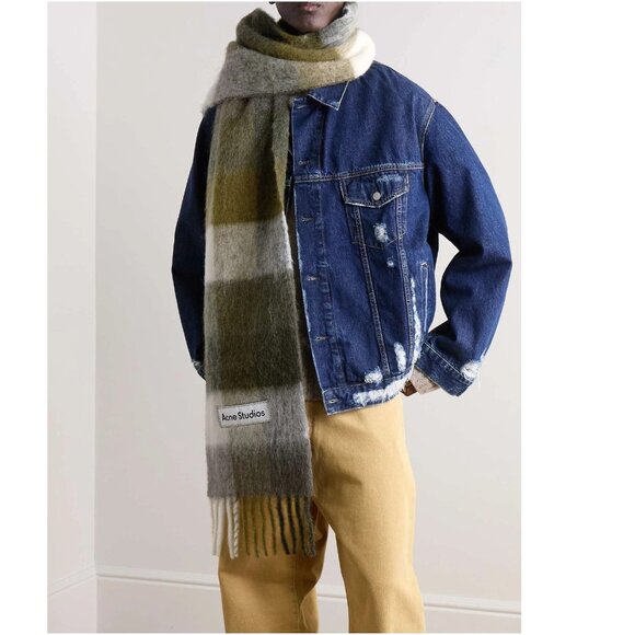 New  ACNE STUDIOS Vally Fringed Checked Knitted Scarf - Picture 2 of 3